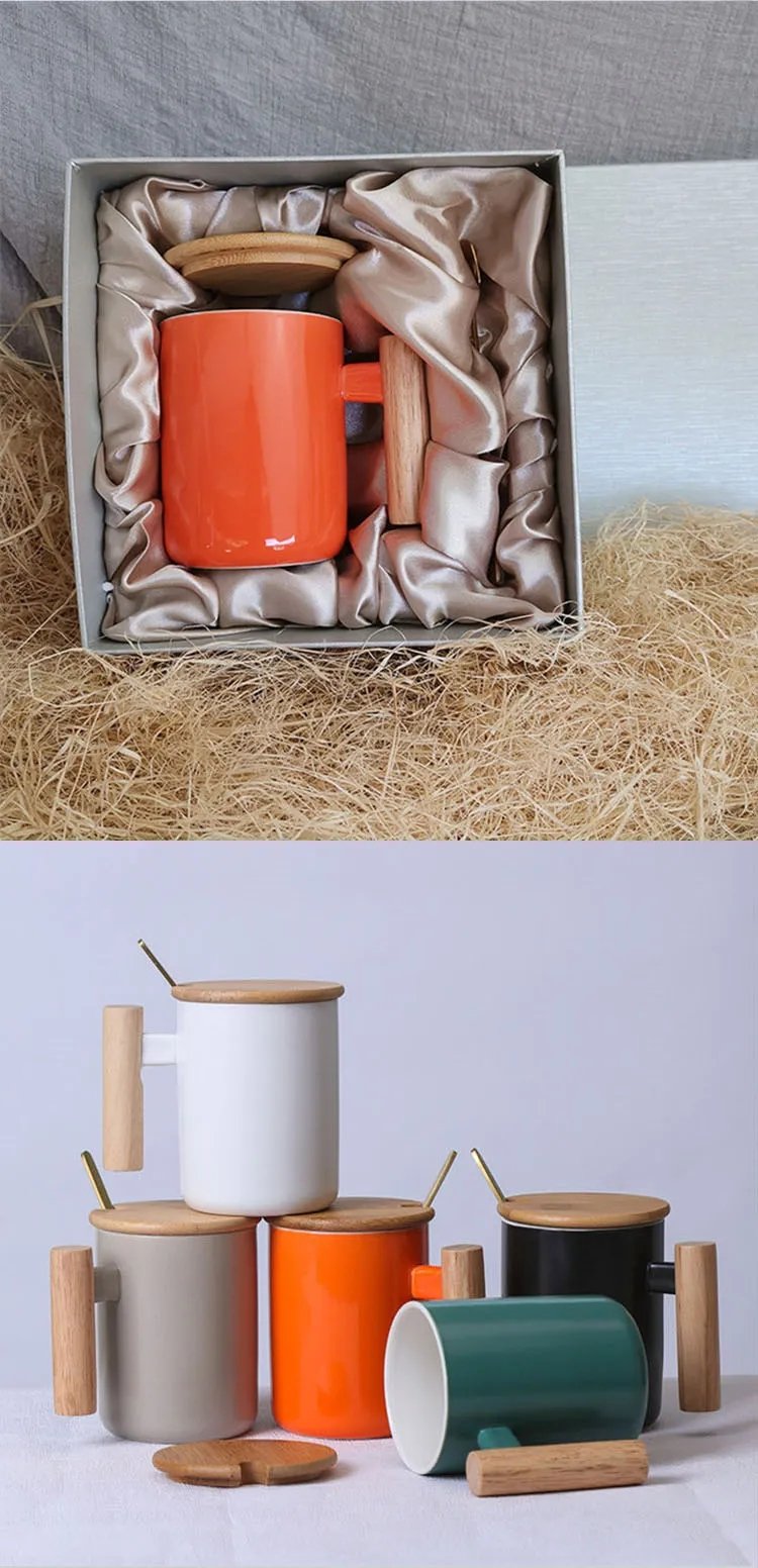 Hot Sale Gift Porcelain Cup, Bamboo Lid Ceramic Cup With Lid And Spoon, Wooden Handle Ceramic Coffee Cup