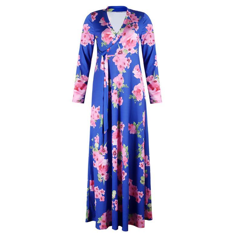 Women's S-5XL Plus Size Printed Long Sleeve Dress Crossover V-Neck Dress Maxi Long Casual Dress