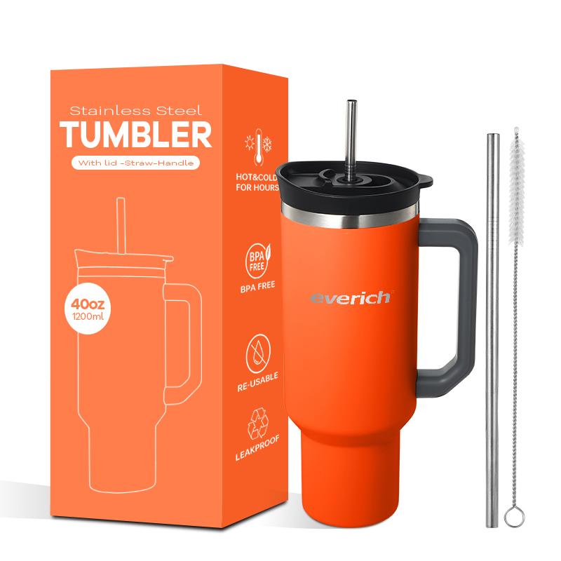 40 Oz Tumbler Double Wall 304 Stainless Steel Insulated Wide Mouth Car Tumbler Cup With New Handle And Straw Cover Vacuum Car Cup