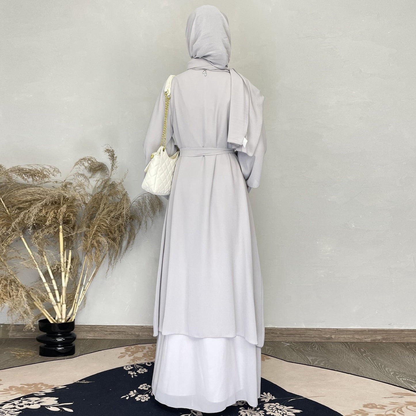 Wholesale Turkish Elegant Eid Women Muslim Dress Two Layer Chiffon Moderate Muslim Dress With Hjiab Kimono Open Dubai Abaya Suit