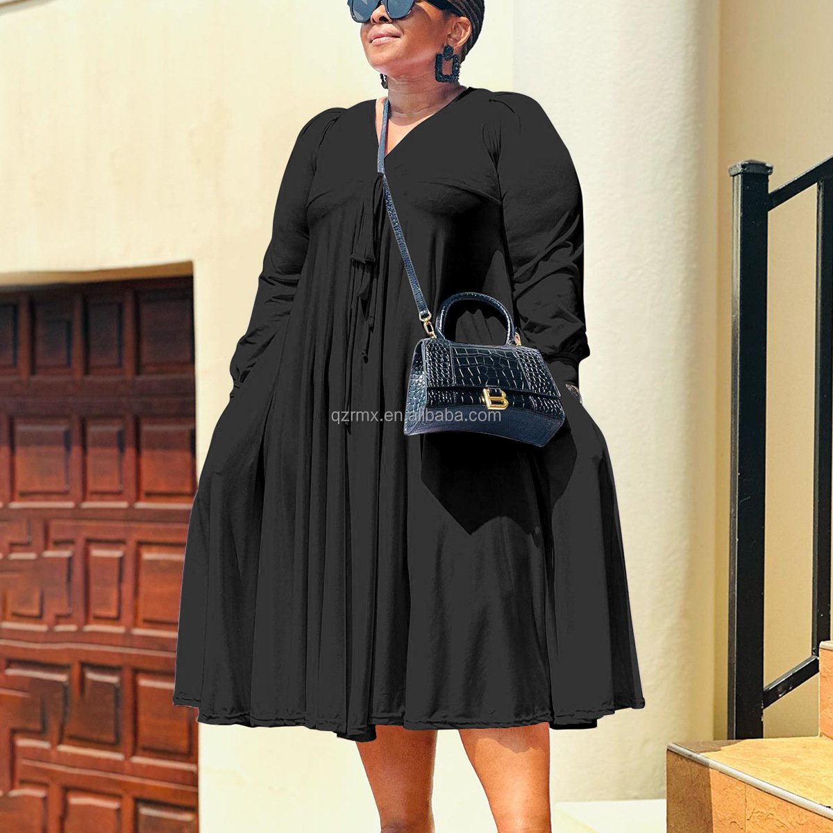 Popular Products Autumn 2024 Women's New Solid Color Long Sleeve Slim V-neck A- Line Skirt