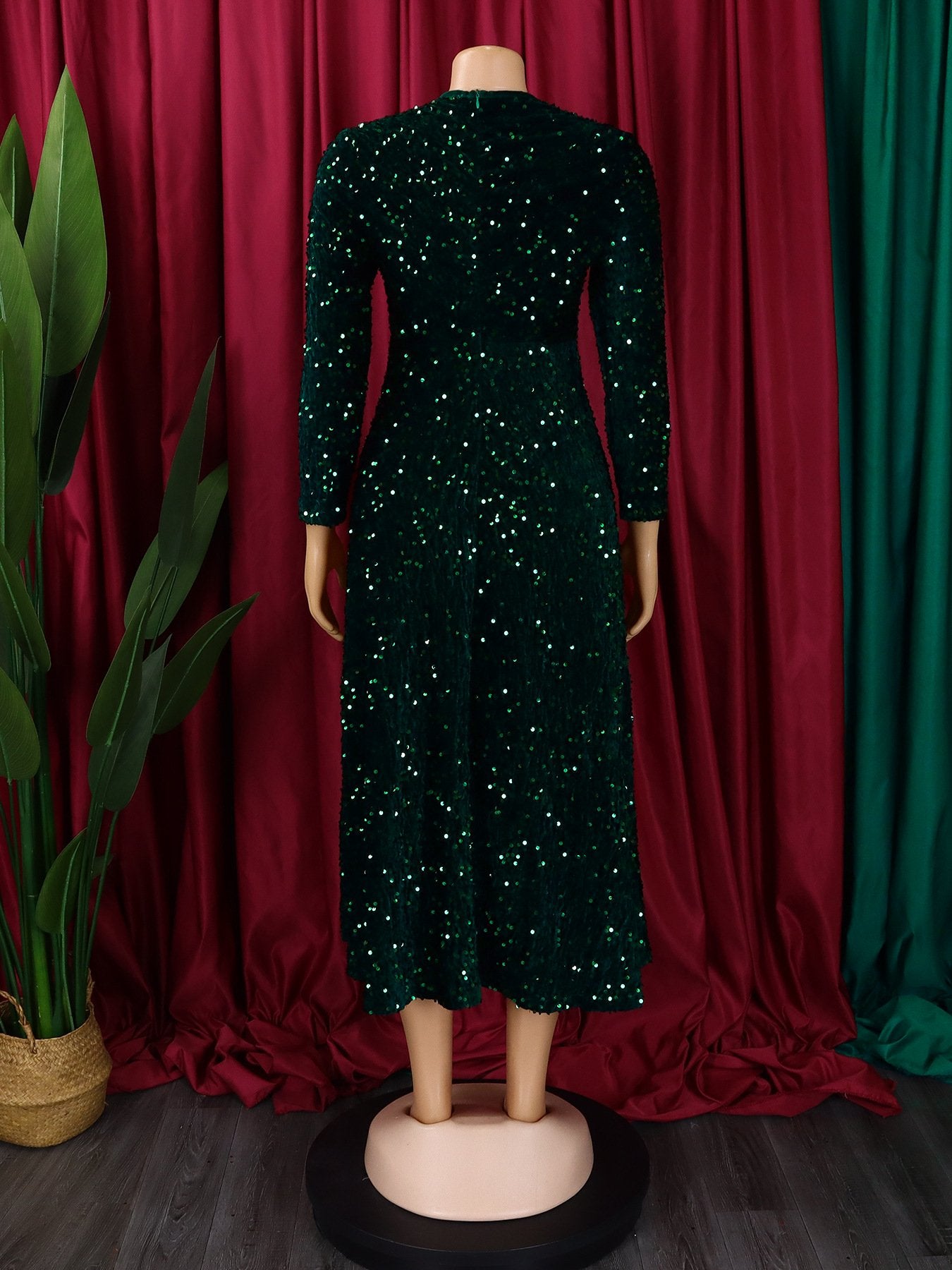 D469 Fashion Party Dress Women O Collar Long Sleeve High Waist A Line Sequin Dress Women Luxury Evening Dress