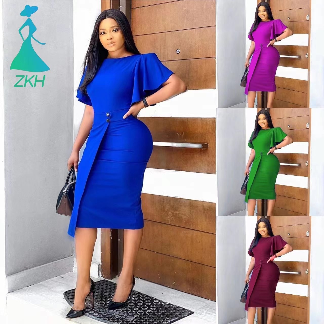 Solid Color O Neck Horn Sleeve Evening Dress Plus Size Women's Dress