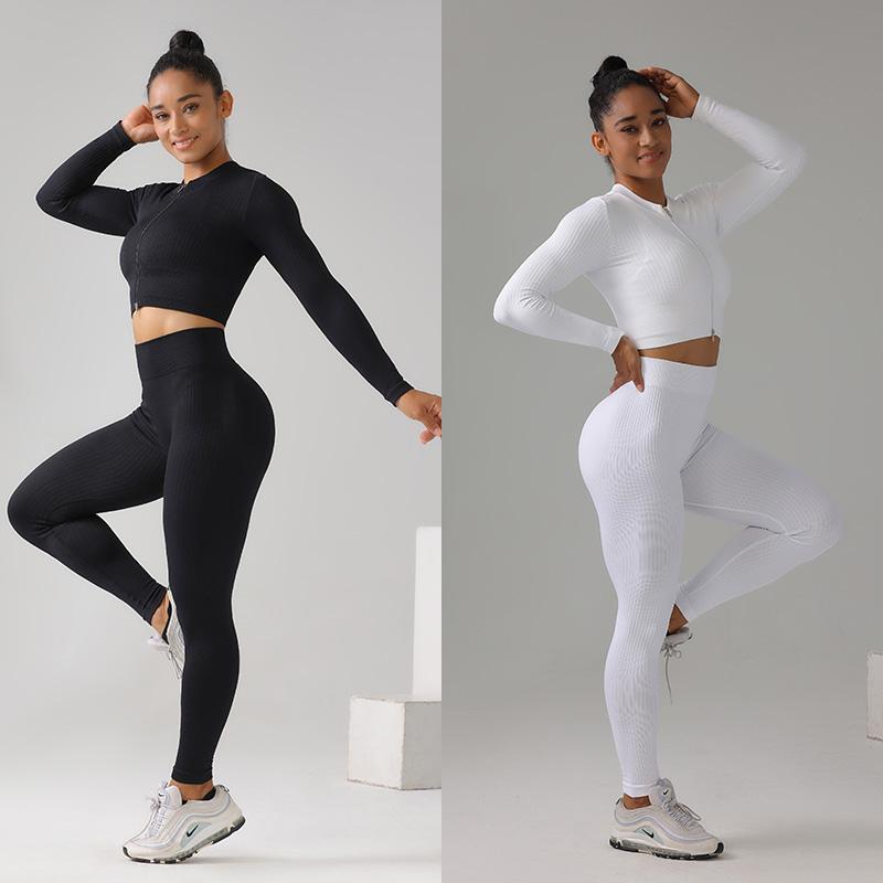 High Quality Rib Zipper 6-piece Set Active Wear Fitness Seamless Yoga Suit Sports Bra Leggings Women's Fitness Suit