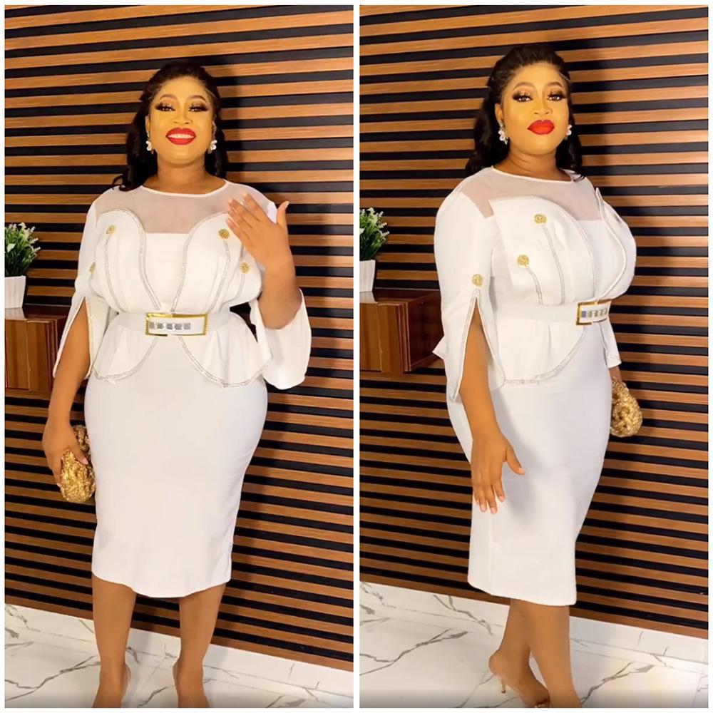 2023 African Mandarin Sleeve Dress Women Printed Dress With Belt Mother Plus Size Elegant Pleated Dress