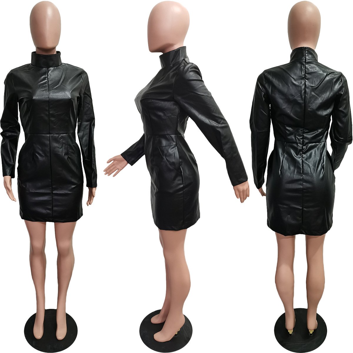 2024 New Women's Clothing Wholesale Long Sleeve Tight Fashion Draped Pu Leather High Street Style Cool Girl Casual Dress
