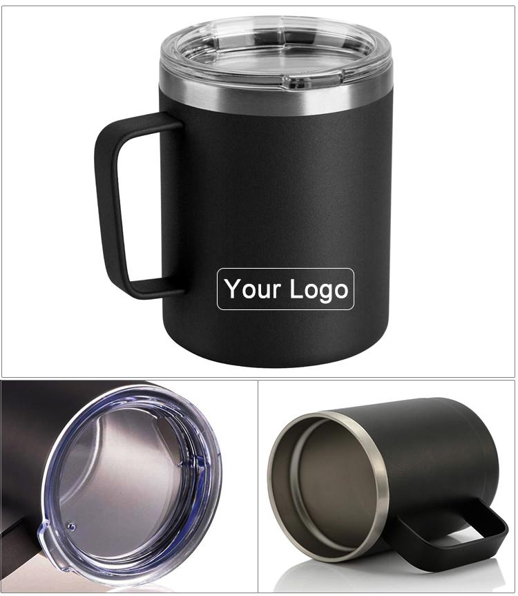 Custom Logo 12 Oz 14 Oz Powder Coated Insulated Stainless Steel Coffee Cup Handle Double Wall Vacuum Insulated Coffee Cup With Lid