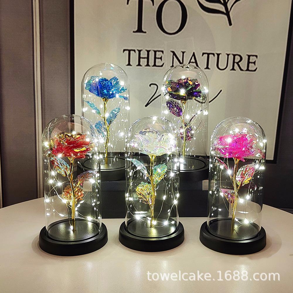 Glass Dome LED Light Mother's Day And Christmas Gift Plastic Preserved Flowers Plant Women Eternal Galaxy Rose Forever Rose