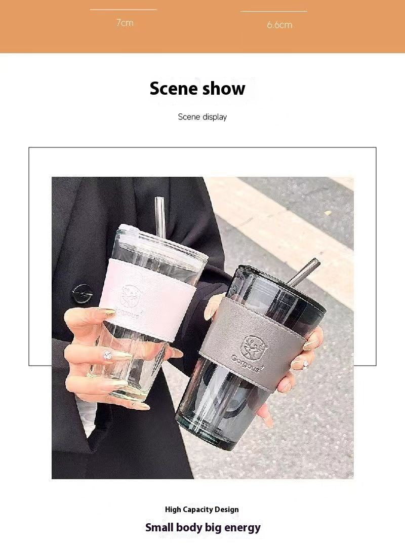 Large Capacity Heat Insulation Glass Double-layer Straw Water/coffee Cup With Plastic Lid High Appearance Summer Ins Net Red