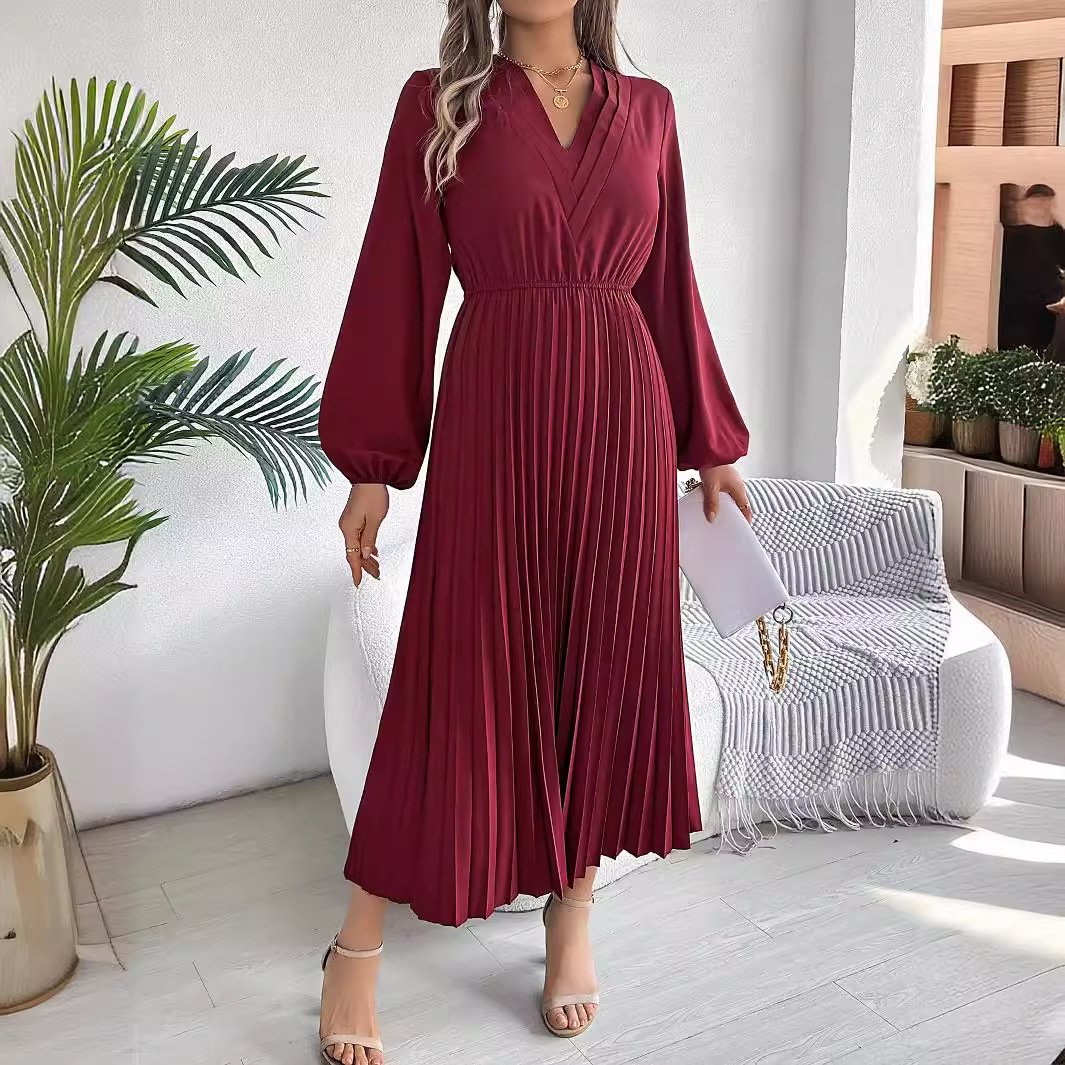 2024 New Women's Casual Wear V-neck Pleated Skirt Dress Spring And Autumn Women's Elegant Long Powder Puff Sleeve A- Line Skirt