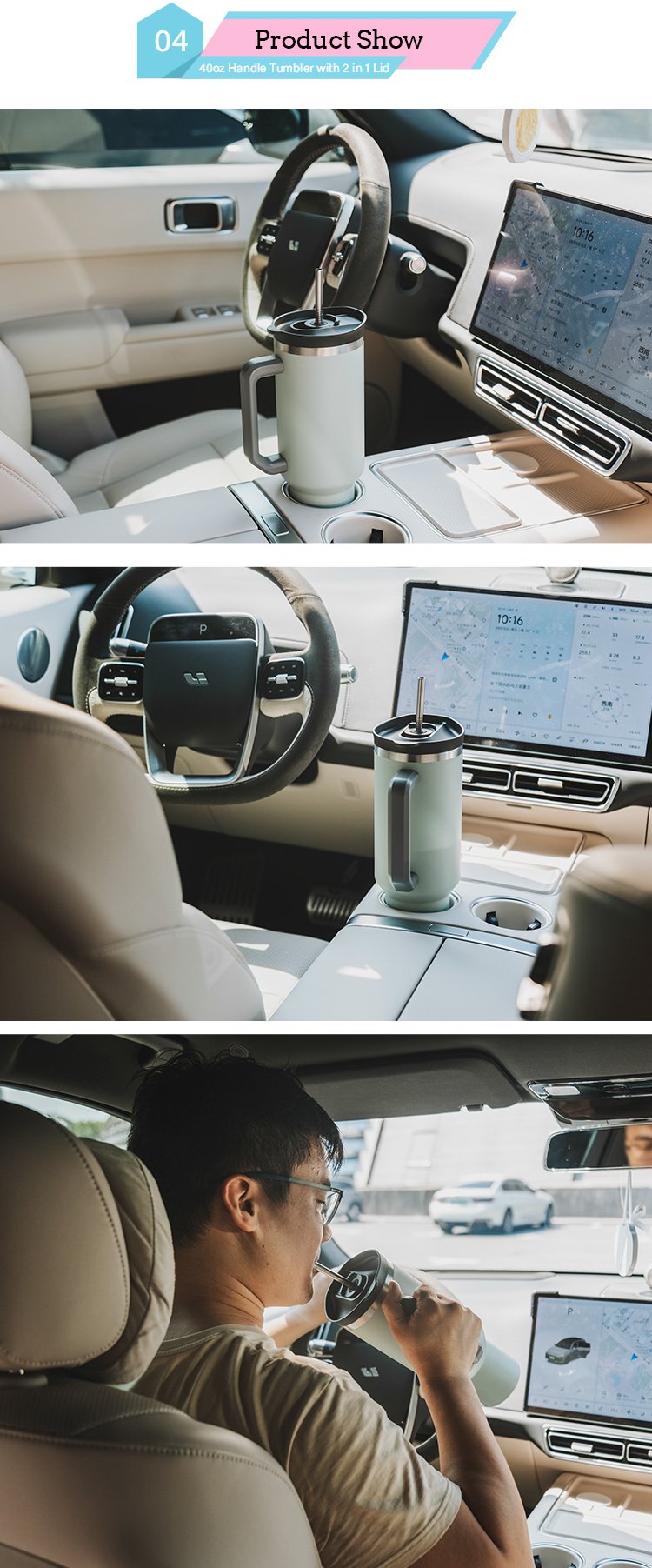40 Oz Tumbler Double Wall 304 Stainless Steel Insulated Wide Mouth Car Tumbler Cup With New Handle And Straw Cover Vacuum Car Cup