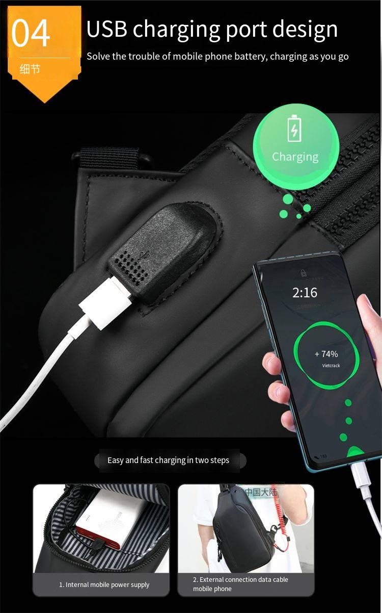 Fashion Outdoor Large Capacity Waterproof USB Charging Port Men Chest Bag Messenger Bag Wholesaler Manufacturer New Design