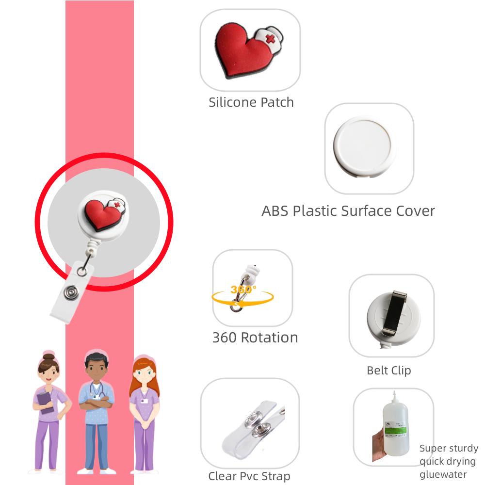 Bestom MOQ 100 32mm Silicone Nurse Accessories Gift ID Card Badge Retractable Reel, Heart-shaped Stethoscope Badge Holder