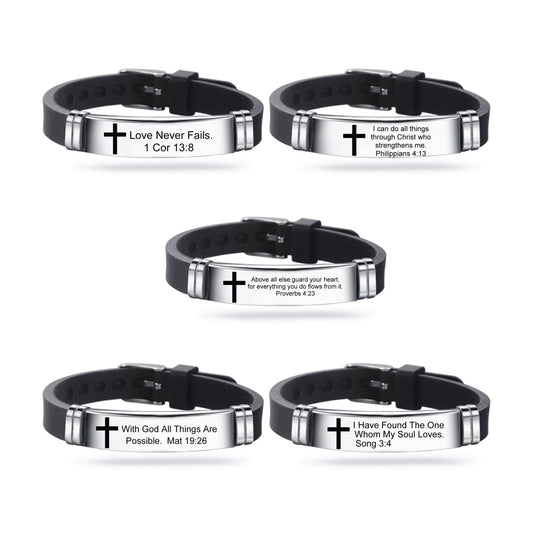 English French Version Bible Verse Adjustable Rubber Bracelet Custom Christian Stainless Steel Bracelet