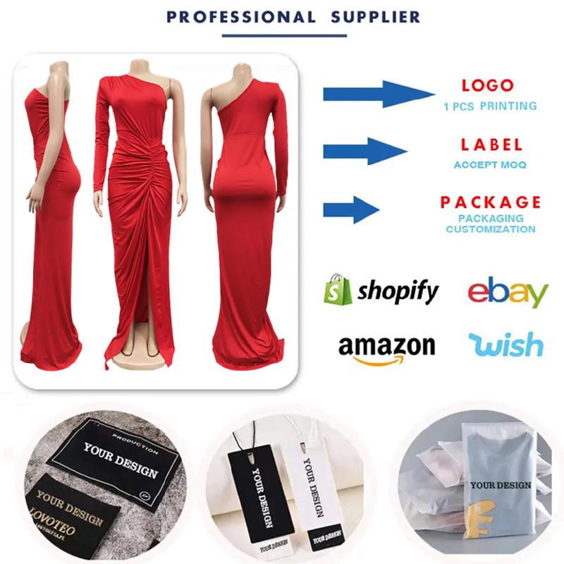 X6042 New Ladies Evening Dress Dress Elegant Solid Color Oblique Collar One Piece Long Sleeve Dress Ladies Party Dress
