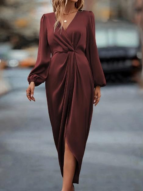 Women's Plus Size Long Puff Sleeve Office Satin Dress Round Neck Pleated Split Evening Gown