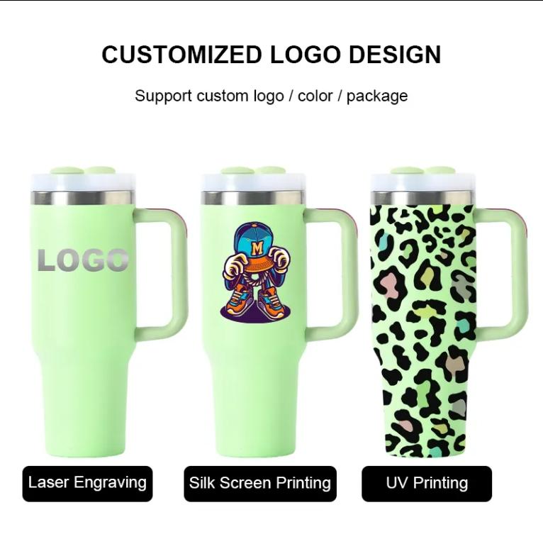 Custom 40 Oz Tumbler Reusable Stainless Steel Insulated Water Bottle 40 Oz Coffee Cup Travel Car Cup With Handle Straw Cover