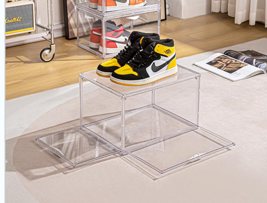 Side Opening Hanging Door Stable Stackable Simple Assembly Custom Sneaker Folding Transparent Shoes Storage Box With Magnetic Door