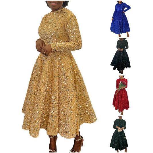 D469 Fashion Party Dress Women O Collar Long Sleeve High Waist A Line Sequin Dress Women Luxury Evening Dress