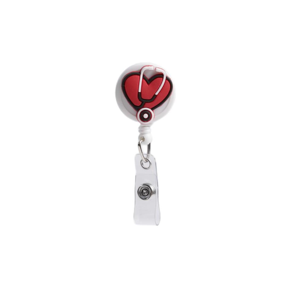 Bestom MOQ 100 32mm Silicone Nurse Accessories Gift ID Card Badge Retractable Reel, Heart-shaped Stethoscope Badge Holder