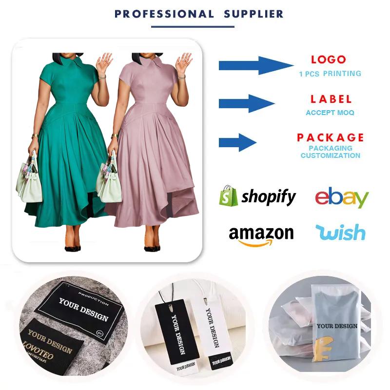 D514 Fashion Summer Party Dress Women Polo Collar Short Sleeve High Waist A- Line Dress Elegant African Women's Dress