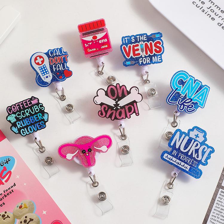 Shiny Flash Acrylic Badge Nurse Accessories ID Card Card Holder Retractable Plastic Badge Reel Badge Entrainment Rotating Clip