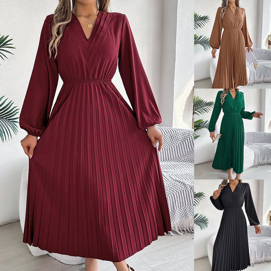 2024 New Women's Casual Wear V-neck Pleated Skirt Dress Spring And Autumn Women's Elegant Long Powder Puff Sleeve A- Line Skirt