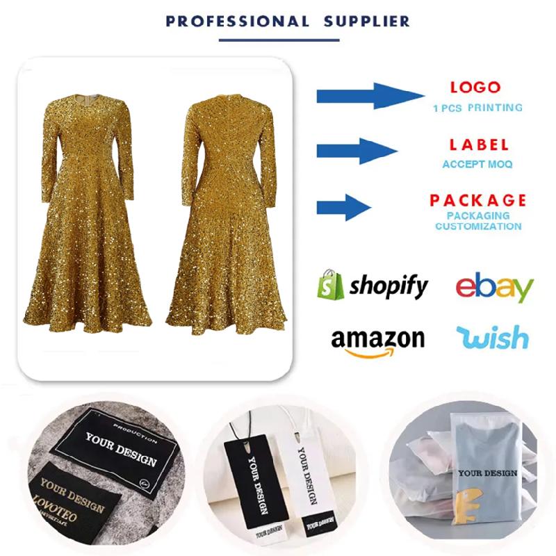 D469 Fashion Party Dress Women O Collar Long Sleeve High Waist A Line Sequin Dress Women Luxury Evening Dress