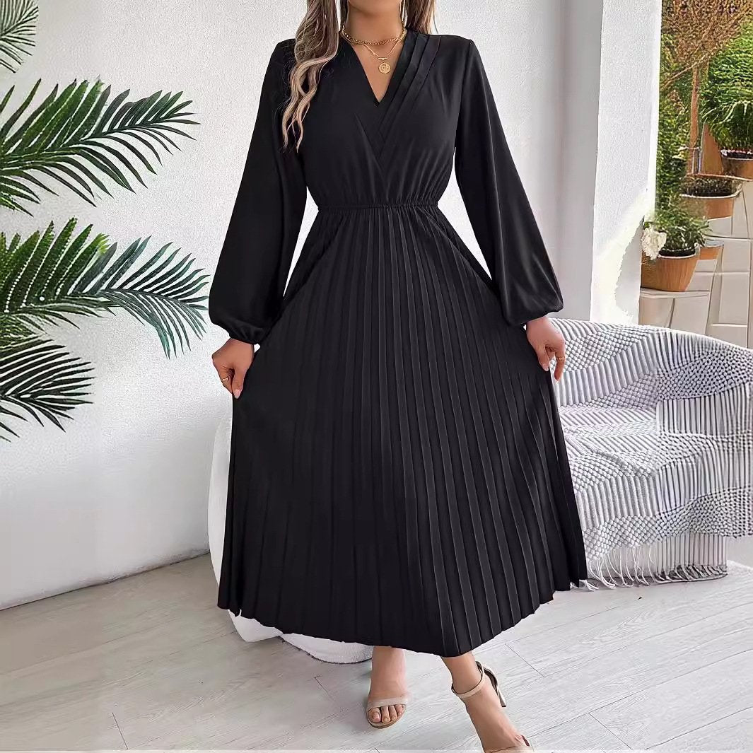 2024 New Women's Casual Wear V-neck Pleated Skirt Dress Spring And Autumn Women's Elegant Long Powder Puff Sleeve A- Line Skirt