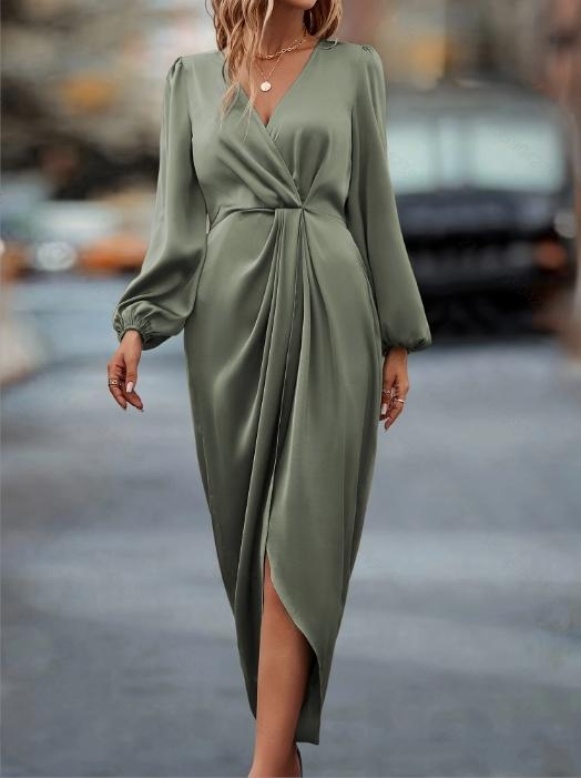 Women's Plus Size Long Puff Sleeve Office Satin Dress Round Neck Pleated Split Evening Gown