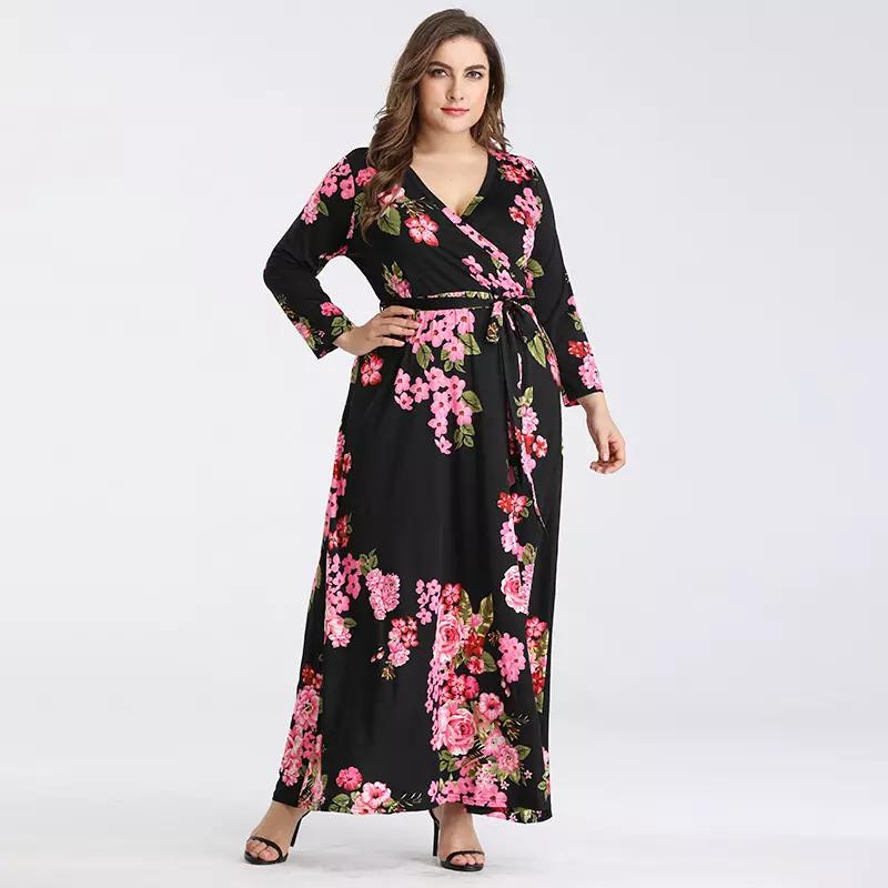 Women's S-5XL Plus Size Printed Long Sleeve Dress Crossover V-Neck Dress Maxi Long Casual Dress