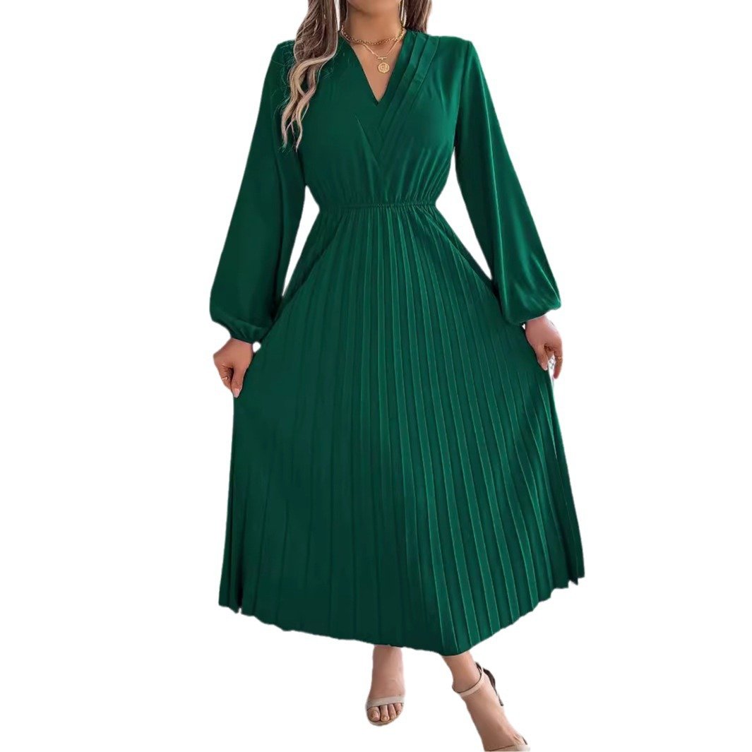 2024 New Women's Casual Wear V-neck Pleated Skirt Dress Spring And Autumn Women's Elegant Long Powder Puff Sleeve A- Line Skirt