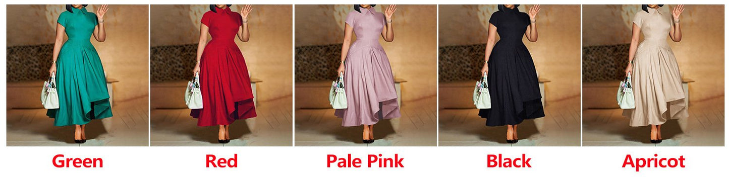 D514 Fashion Summer Party Dress Women Polo Collar Short Sleeve High Waist A- Line Dress Elegant African Women's Dress