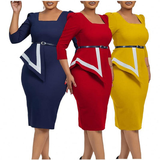 MG482 Fashion Elegant Ladies Office Dress Women Formal Work 3 Quarter Sleeve Square Collar Professional Dress Women Church Dress