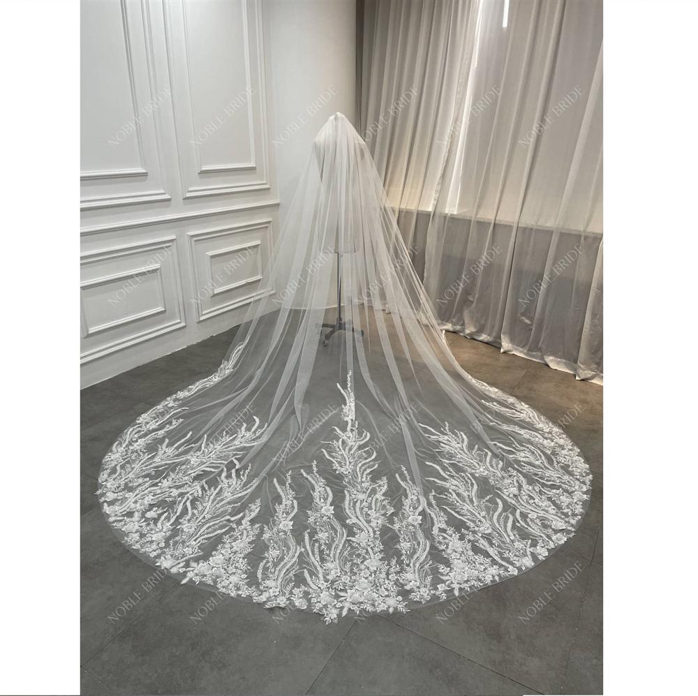 Women Luxury Shiny Floral Beaded Lace Long Bridal Ivory Factory Custom Church Wedding Veil With Comb