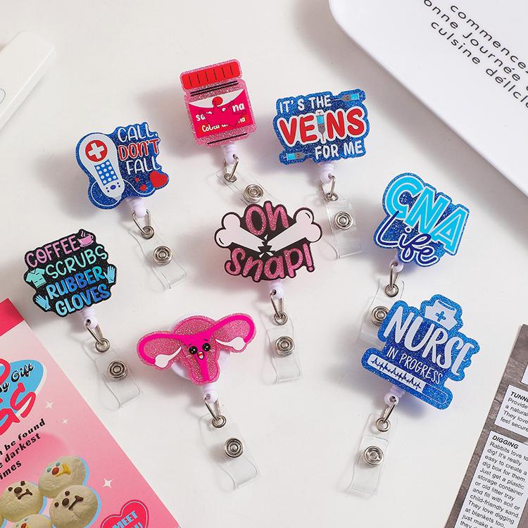 Shiny Flash Acrylic Badge Nurse Accessories ID Card Card Holder Retractable Plastic Badge Reel Badge Entrainment Rotating Clip