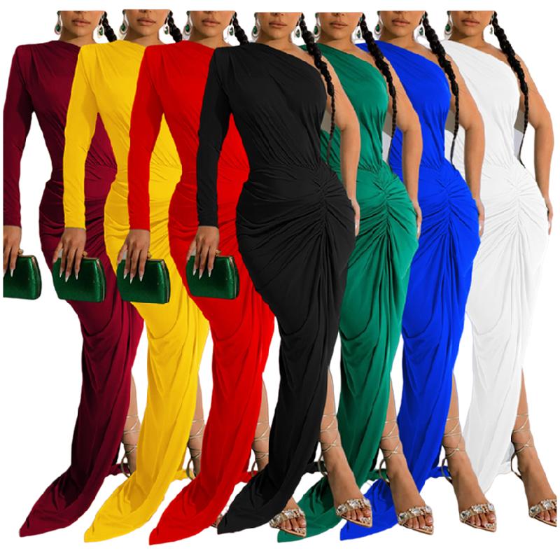 X6042 New Ladies Evening Dress Dress Elegant Solid Color Oblique Collar One Piece Long Sleeve Dress Ladies Party Dress