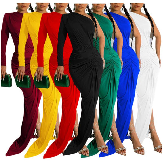 X6042 New Ladies Evening Dress Dress Elegant Solid Color Oblique Collar One Piece Long Sleeve Dress Ladies Party Dress