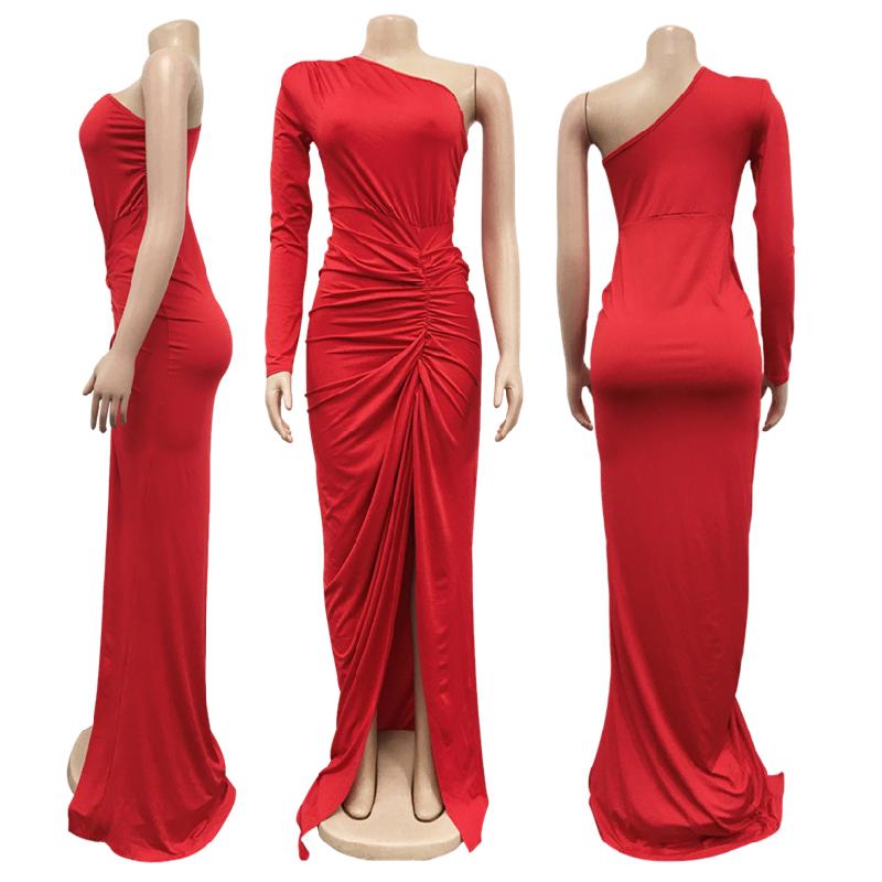 X6042 New Ladies Evening Dress Dress Elegant Solid Color Oblique Collar One Piece Long Sleeve Dress Ladies Party Dress