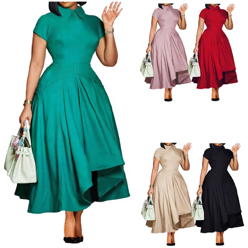 D514 Fashion Summer Party Dress Women Polo Collar Short Sleeve High Waist A- Line Dress Elegant African Women's Dress