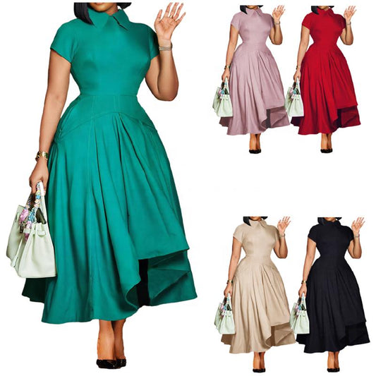 D514 Fashion Summer Party Dress Women Polo Collar Short Sleeve High Waist A- Line Dress Elegant African Women's Dress