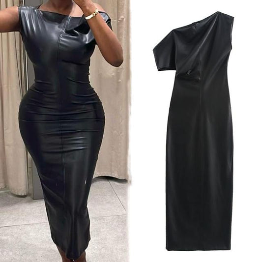 GX10898 Fashion Women Boutique PU Leather Short Sleeve Maxi Dress Elegant Party Dress