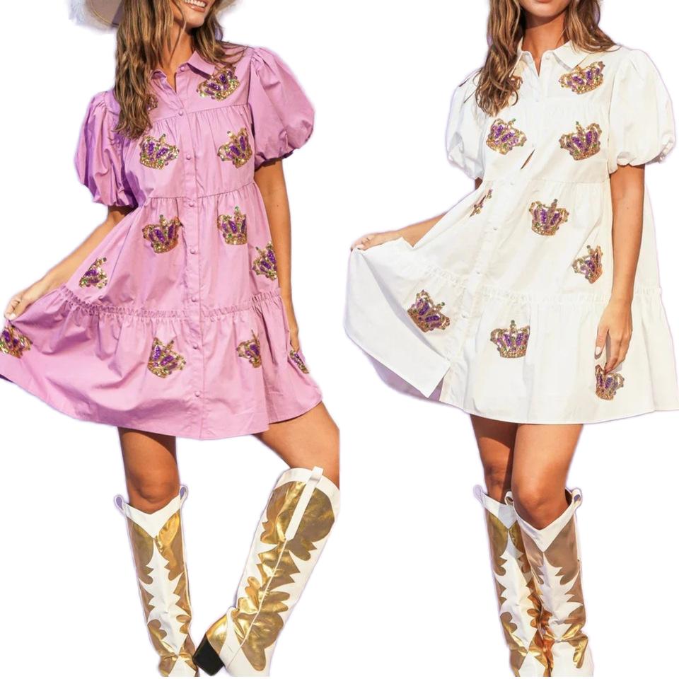 2024 New Summer Women's Sequin Dress, Puff Sleeves And Layered Carnival Design Girl's Crown Dress