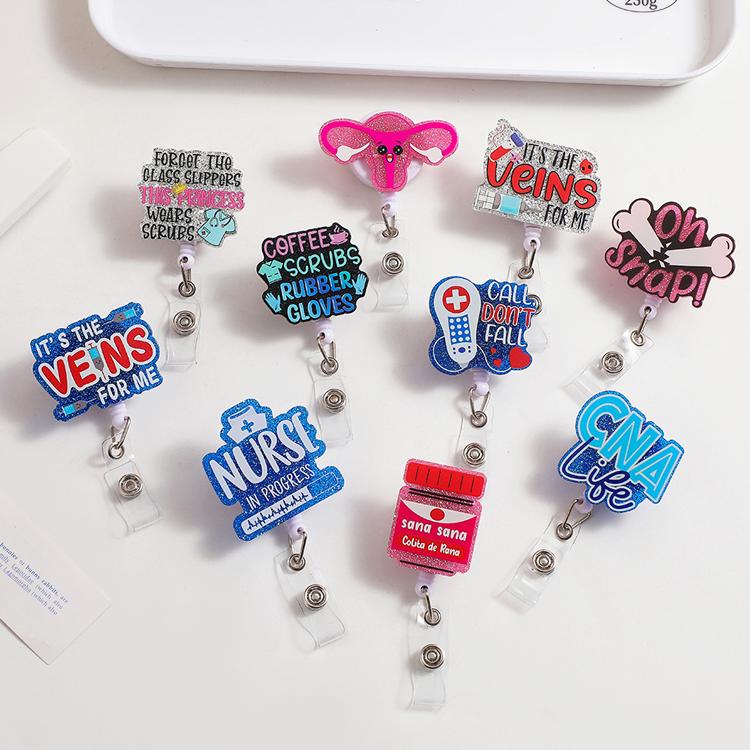 Shiny Flash Acrylic Badge Nurse Accessories ID Card Card Holder Retractable Plastic Badge Reel Badge Entrainment Rotating Clip