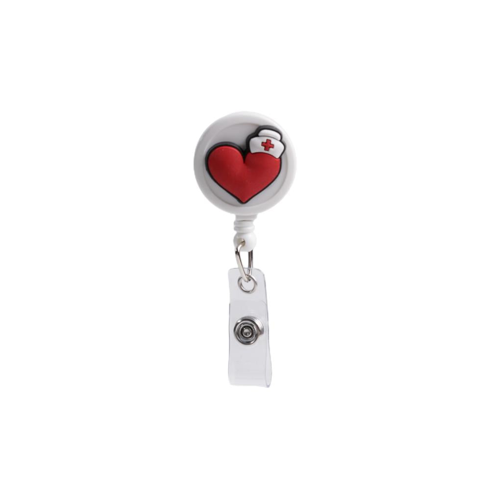 Bestom MOQ 100 32mm Silicone Nurse Accessories Gift ID Card Badge Retractable Reel, Heart-shaped Stethoscope Badge Holder